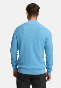 Hellblauer Strickpullover mit rundem Halsausschnitt, gerippten Bündchen und Saum. Die Rückansicht zeigt den strukturierten Stoff und die taillierte Silhouette.
