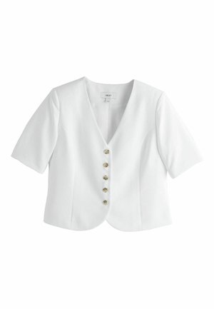 Fehér rövid ujjú blézer öt teknőspáncéllal díszített gombbal az elején és V-nyakú gallérral.