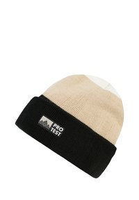 Neulepipo, jossa on vaalea päällinen ja musta hihna. Varustettu logopatchilla, jossa on teksti "PRO TEST". Pehmeä materiaali, pyöreä muoto tiukkaan istuvuuteen.