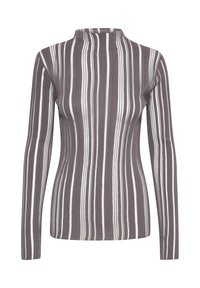 Grijze longsleeve top met verticale witte strepen. Heeft een hoge halslijn en een getailleerde pasvorm. Gemaakt van een geribbeld, rekbaar materiaal.