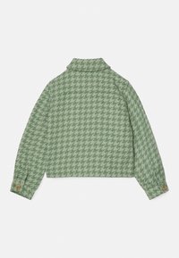 Groene cropped jas met een houndstooth patroon, voorzien van een kraag en knoopmanchetten. Gelaagd stof met een lichte glans.