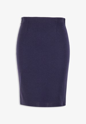 Marineblauer Bleistiftrock aus elastischem Material, mit glatter Textur, Taillenbund und dezentem Logo-Stickereiaufdruck nahe der Oberkante.