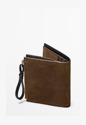 Brown suede wallet with black leather accents, foldable design, and a wrist strap. Features a smooth texture and visible stitching details.