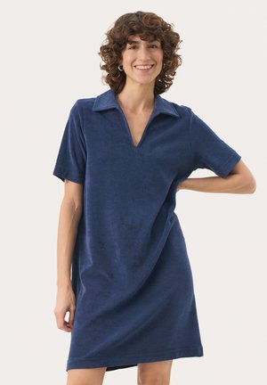 Navy blue short-sleeved dress with a collared V-neckline, made of textured fabric, featuring a relaxed fit and side seam pockets.