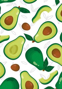 Patrón que presenta aguacates de estilo caricaturesco en color verde con huesos marrones, hojas verdes y rebanadas de color verde claro, sobre un fondo blanco.