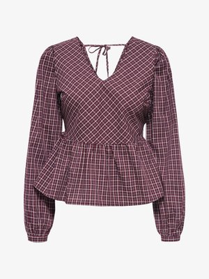 Blouse à manches longues en tartan bordeaux avec col en V, taille peplum, épaules bouffantes et détail noué à l'arrière du col.