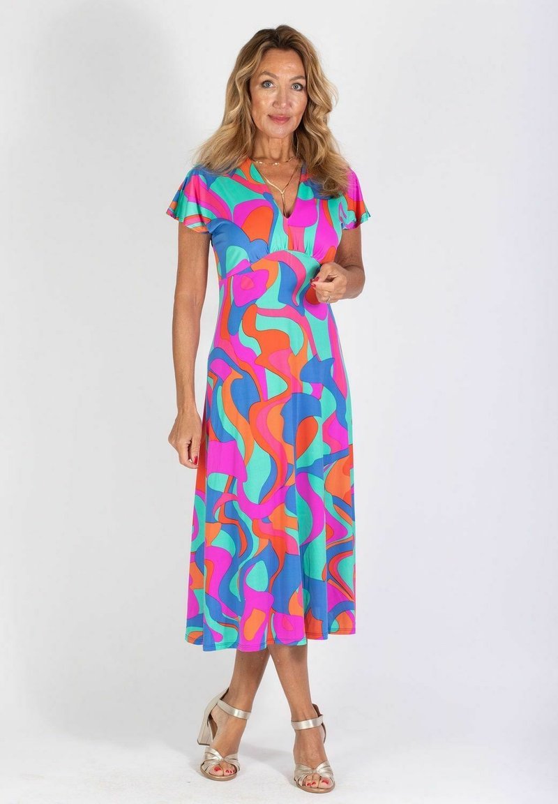 Värikäs, puolipitkä mekko, jossa on virtaava muotoilu. Siinä on eloisia abstrakteja kuvioita pinkissä, oranssissa, vihreässä ja sinisessä. V-kaula-aukko ja lyhyet hihat.