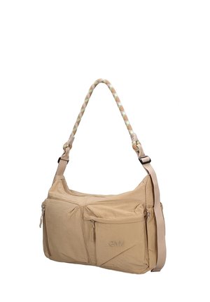 Beige shoulder bag with two front zippered pockets, a woven rope handle, and an adjustable shoulder strap.