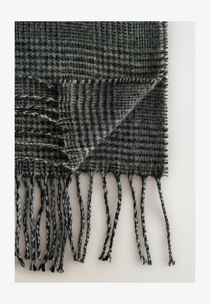 Tumehall villane sall, millel on houndski mustriga. Sellel on frantsiiriga ääred ja tekstureeritud pind, mis suurendab soojust ja stiili.