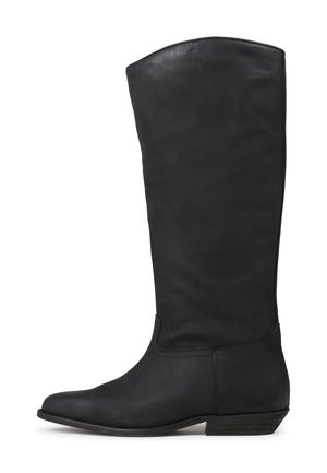 Bottes en cuir noires jusqu'aux genoux avec un bout pointu, coutures minimales et un talon bas empilé. Texture lisse, silhouette épurée et sans embellissements.