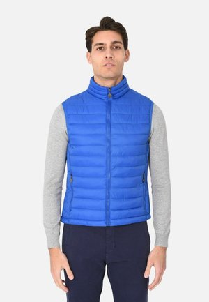 Uomo che indossa un gilet imbottito blu senza maniche sopra una maglia grigia a maniche lunghe e pantaloni scuri, in piedi contro uno sfondo neutro.