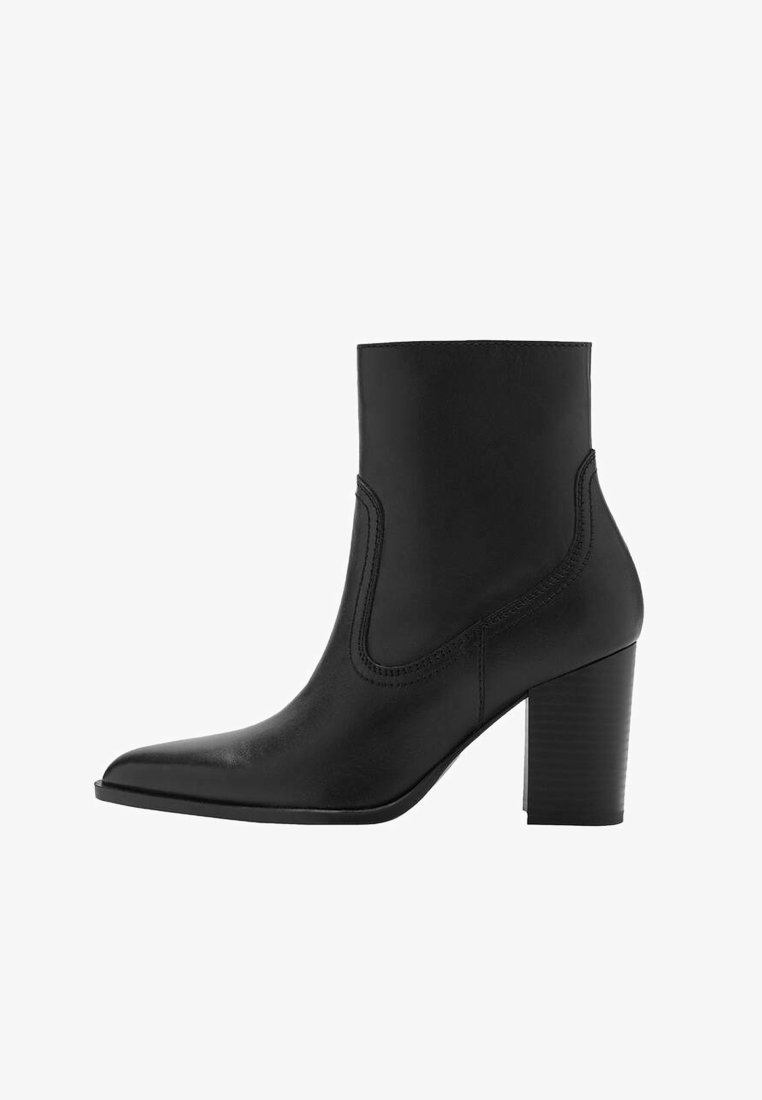 Black leather ankle boot with a pointed toe, elastic side panels, and a stacked heel. Smooth texture with subtle stitching detailing.