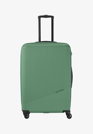 Hartschalentrolley in Mintgrün mit vertikaler Rillenstruktur. Verfügt über einen schwarzen Teleskopgriff und vier schwarze Rollen für Mobilität.