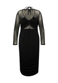 Schwarzes Kleid mit langen durchsichtigen Ärmeln, einem runden Ausschnitt und gerafftem Stoff am Oberteil. Figurbetonte Silhouette mit glatter Textur.
