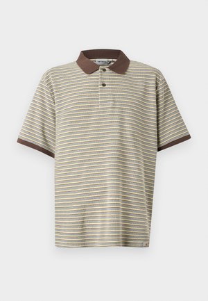 Πόλο μπλούζα με κοντά μανίκια με λεπτές οριζόντιες ρίγες σε μπεζ, μπλε και κίτρινο, καφέ γιακά και μανσέτες μανικιών, πλάκα με δύο κουμπιά.