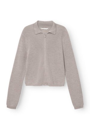 Hellgrau gerippter Strick-Zip-Up-Cardigan mit kragenlosem Ausschnitt und langen Ärmeln, in verkürzter Passform.