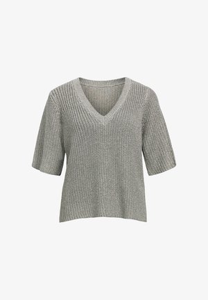 Pilkas megztinis trumpomis rankovėmis su V formos iškirpte, pasižymintis laisvu kirpimu ir tekstūruotu audiniu, puikiai tinkantis kasdieniam nešiojimui.