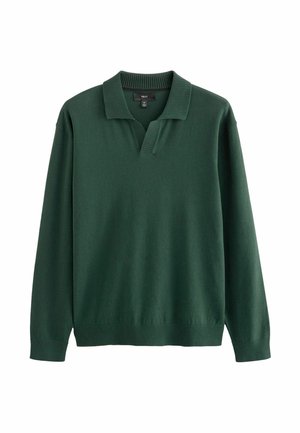 Pull polo manches longues vert foncé avec col, poignets et ourlet côtelés, présenté sur un fond blanc.