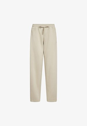 Beiget joustovyötärölliset juoksuhousut, joissa kiristysnauha ja sivutaskut, suoralahkeinen malli, sopivat rentoon käyttöön.