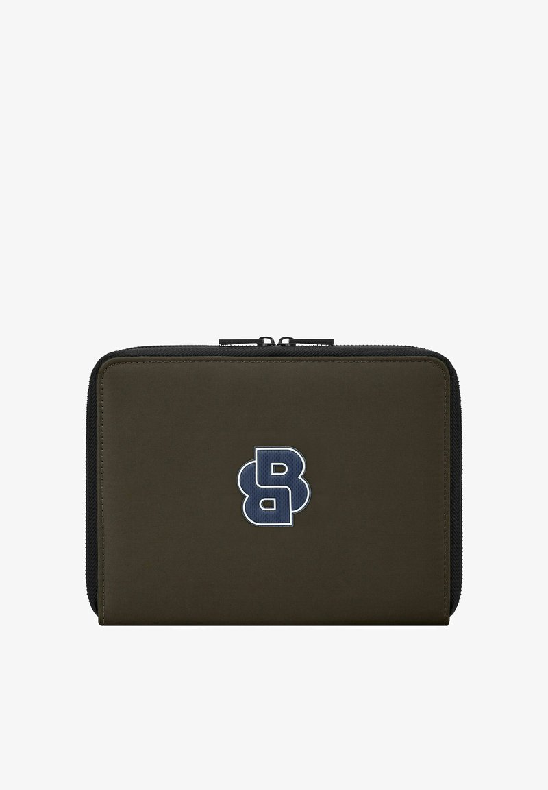 Portefeuille compact vert foncé avec fermeture éclair, bords noirs et logo "B" stylisé bleu et blanc centré à l'avant.