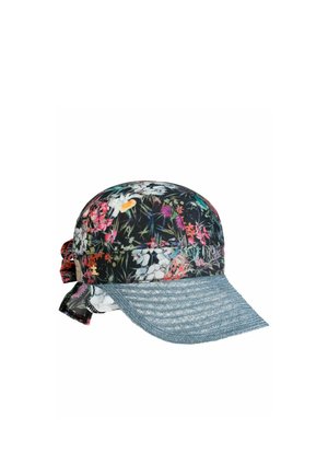 Cap with floral-patterned black fabric crown and textured gray visor, featuring fabric ties at the back for adjustment.