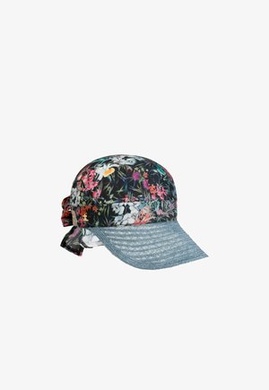 Cap with floral-patterned black fabric crown and textured gray visor, featuring fabric ties at the back for adjustment.