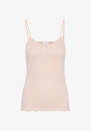 Peach-colored ribbed tank top with thin straps, V-neckline, and scalloped hem, made from a soft, stretchy material.