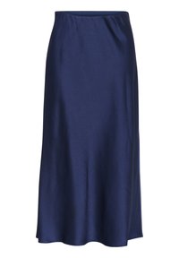 Jupe en satin bleu marine, avec une texture lisse, une taille élastique et une silhouette évasée qui tombe juste en dessous des genoux.