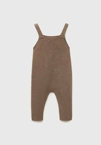Salopette marrone a maglia con spalline regolabili, aperture delle gambe aderenti e finitura testurizzata. Design semplice senza ulteriori decorazioni.