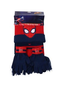 Spider-Man-thema hoed, sjaal en handschoenen set. Rode en blauwe gebreide stijl met Spider-Man gezicht en logo details. Zachte textuur met franjes aan de uiteinden van de sjaal.