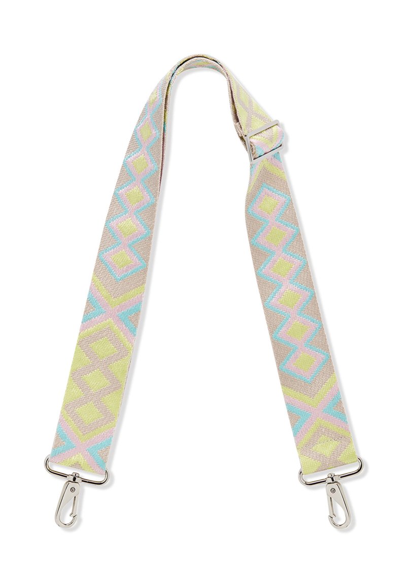 Tkaný popruh s geometrickými vzormi v pastelových farbách: žltá, ružová a modrá. Obsahuje kovové spony na pripevnenie. Šírka a dĺžka nie sú špecifikované.