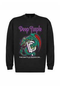Svart hettegenser med grafisk design av en drage, med teksten "Deep Purple" og "THE BATTLE RAGES ON..." i lilla og hvitt.