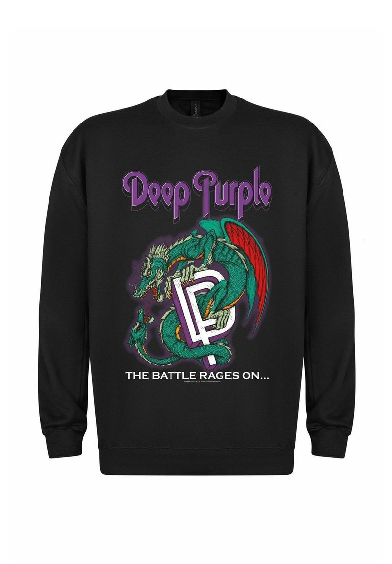Svart hettegenser med grafisk design av en drage, med teksten "Deep Purple" og "THE BATTLE RAGES ON..." i lilla og hvitt.