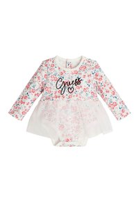 Body z długim rękawem w kwiatowy nadruk z tiulowym wyko�ńczeniem oraz czarnym tekstem "Guess" z przodu. Przeważająco biały z czerwonymi i niebieskimi kwiatami.