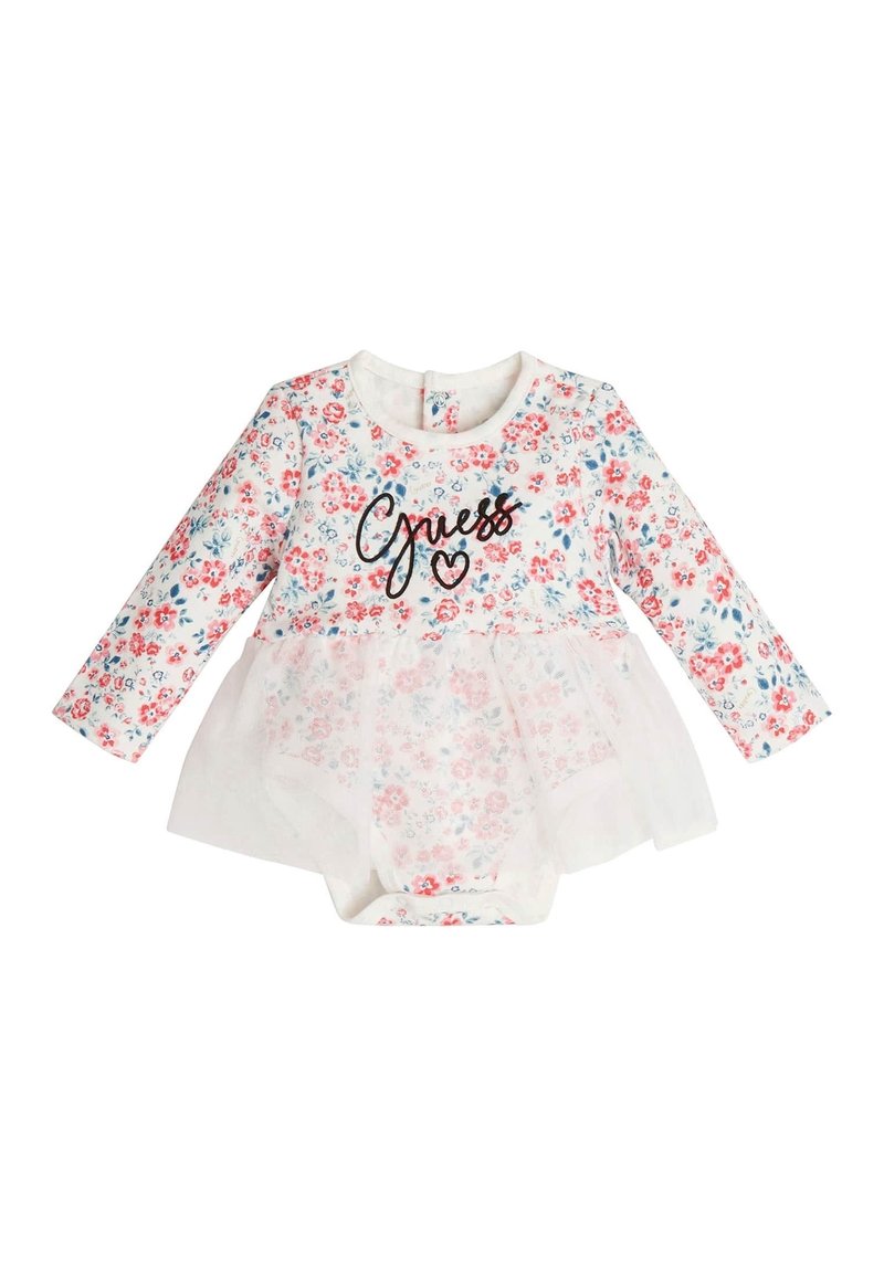Body z długim rękawem w kwiatowy nadruk z tiulowym wykończeniem oraz czarnym tekstem "Guess" z przodu. Przeważająco biały z czerwonymi i niebieskimi kwiatami.