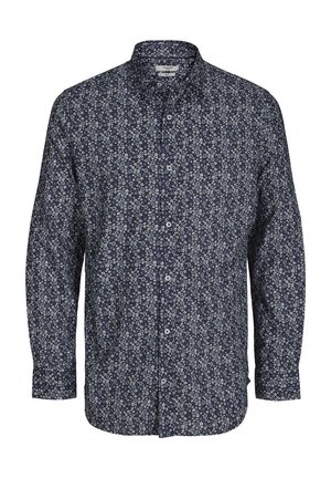 Camicia a maniche lunghe blu scuro con un motivo floreale bianco, colletto button-down e chiusura frontale con bottoni. Tessuto dalla texture liscia.