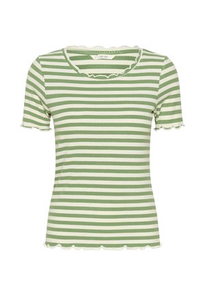 Grøn- og hvidstribet t-shirt med korte ærmer, ribbet tekstur samt bølget halsudskæring og kant.