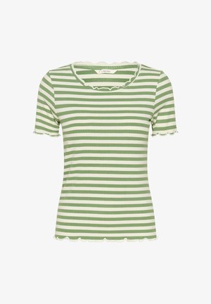Zelena in bela črtasta majica s kratkimi rokavi, rebraste teksture in nazobčenim izrezom ter spodnjim robom.