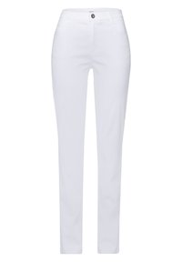 Vita raka byxor med knappstängning, bältesöglor och framfickor. Slät tyg med en lätt glans, skräddarsydd design.