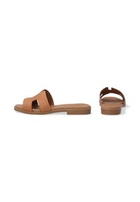Brown leather slide sandals with a wide strap design. Flat sole, open back, and textured surface for comfort and grip.