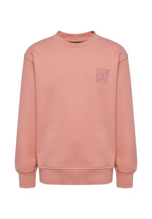 Lichtroze sweatshirt gemaakt van zachte stof, met een ronde hals, lange mouwen, geribde manchetten en een klein reliëflogo op de borst.