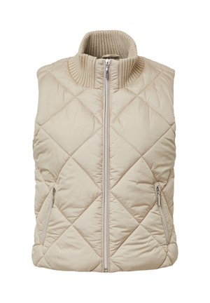 Beige gesteppte Weste mit hohem geripptem Kragen, durchgehendem Reißverschluss und zwei seitlichen Reißverschlusstaschen. Glatte Textur und rautenförmiges Muster.
