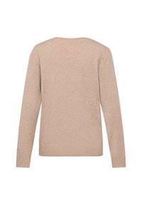 Beiger gestrickter Pullover mit langen Ärmeln, rundem Ausschnitt und geradem Schnitt. Weiche Textur mit gerippten Bündchen und Saum. Schlichtes Design.