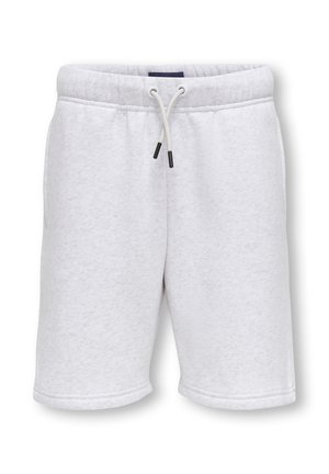 Hellgraue, legere Shorts bis zum Knie mit elastischem Bund und weißem Kordelzug mit schwarzen Enden, aus weichem Stoff gefertigt.