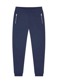 Dunkelblaue Jogginghosen aus weichem Material. Mit zwei seitlichen Reißverschlusstaschen und gerippten Bündchen an den Knöcheln. Glatte Textur.