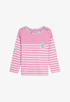 Pikkade varrukatega roosa puuvillane topp, millel on valged horisontaalsed triibud, lilledega krae ning esiküljel tikand tüdrukust ja lillemotivid varrukatel.