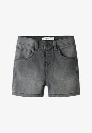Grå denim shorts til småbarn med knapp foran, beltehemper og to fremre lommer, størrelse 92.