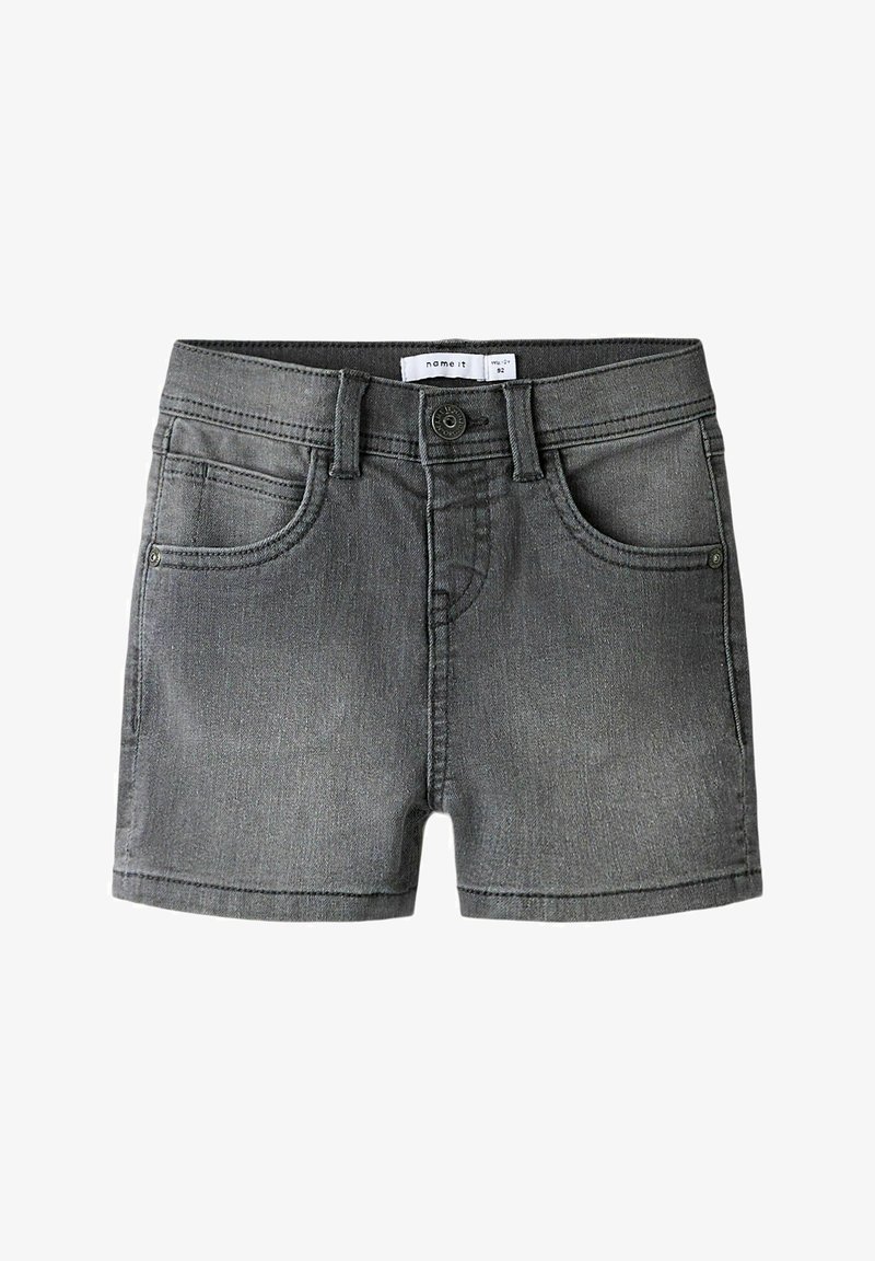 Short en denim gris pour tout-petit avec bouton devant, passants de ceinture et deux poches avant, taille 92.