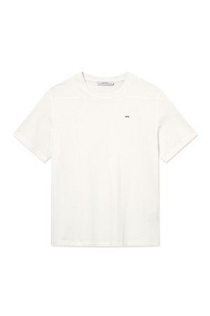 White cotton T-shirt with short sleeves, round neckline, and a small black logo on the chest. Simple, unembellished design.