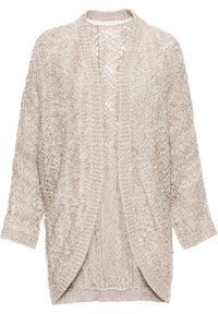 Cardigan in maglia beige con frontale aperto, maniche lunghe e motivo testurizzato. Presenta una vestibilità ampia e un bordo a coste sul colletto e sull'orlo.